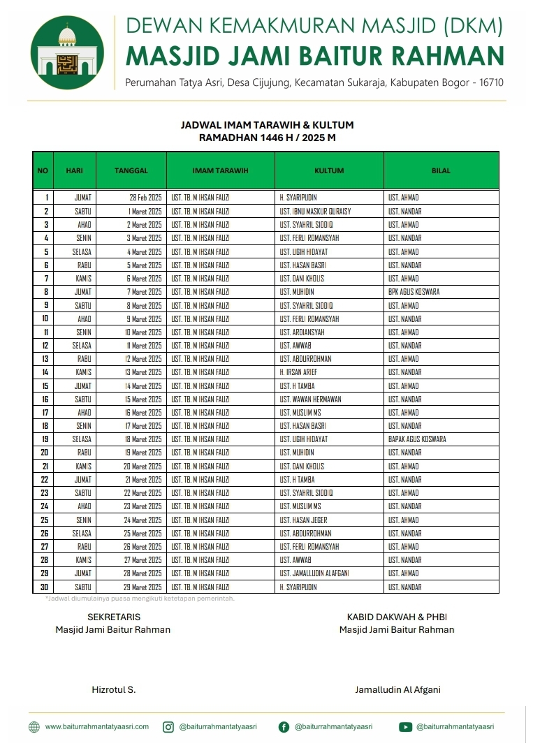 Jadwal Imam Tarawih & Kuktum Ramadhan 1446H