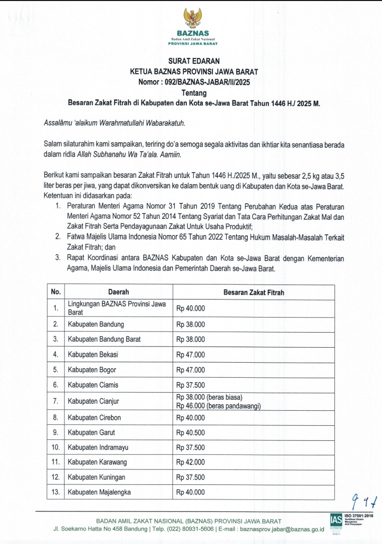 Surat Edaran Zakat BAZNAS Provinsi Jawa Barat