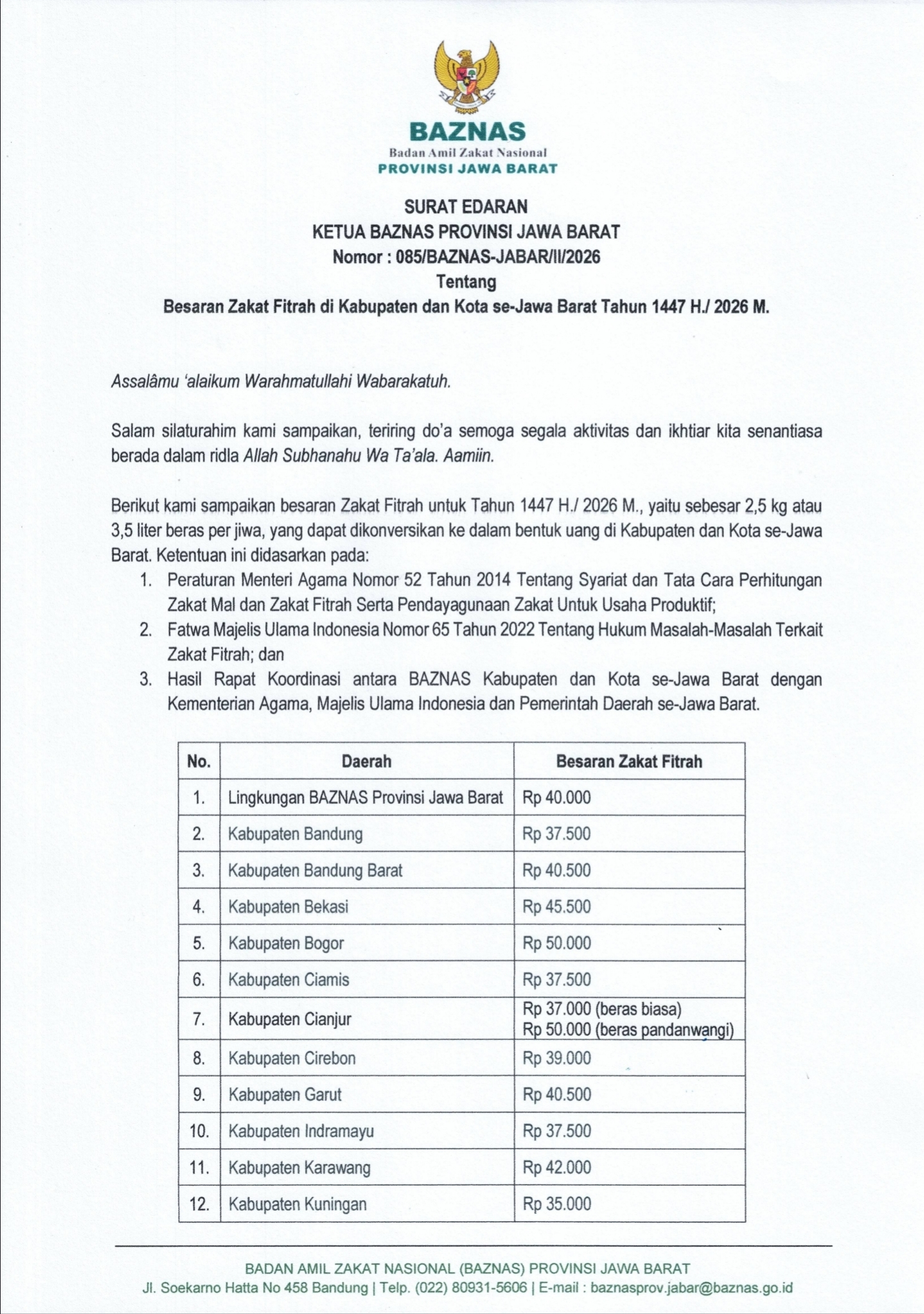 Surat Edaran Baznas Prov. Jawa Barat terkait besaran Zakat Fitrah wilayah Kabupaten Bogor